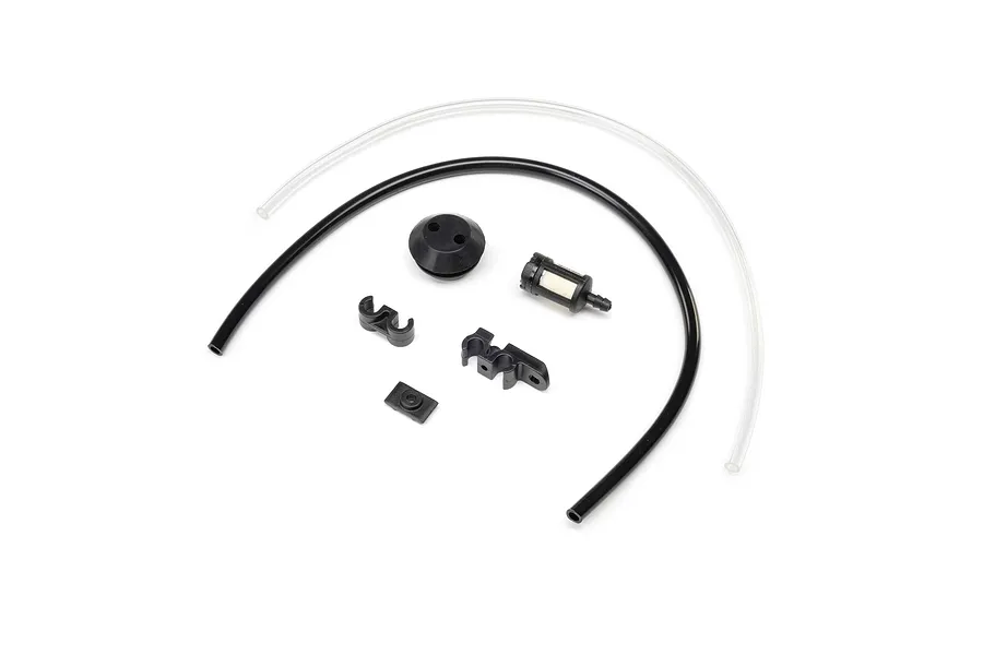 Losi gas line and clamp set featuring fuel tubing, grommet, fuel filter, and plastic mounting clips on a white background.