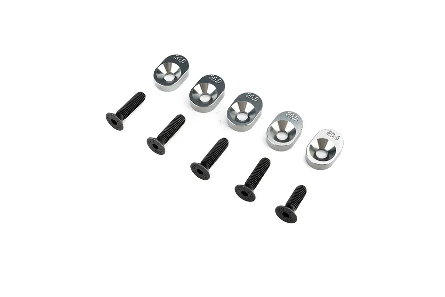 Losi Aluminium Engine Mount Insert Set with five silver metal inserts and five black hex screws on white background.
