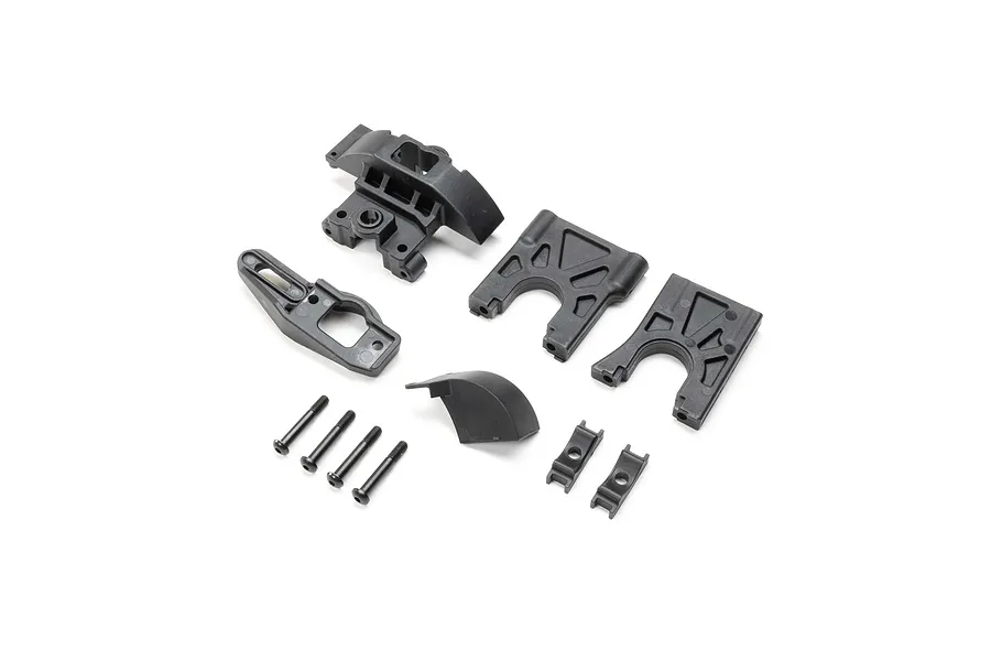 Losi Center Diff Mount Set with molded plastic parts and screws laid out on a white background.