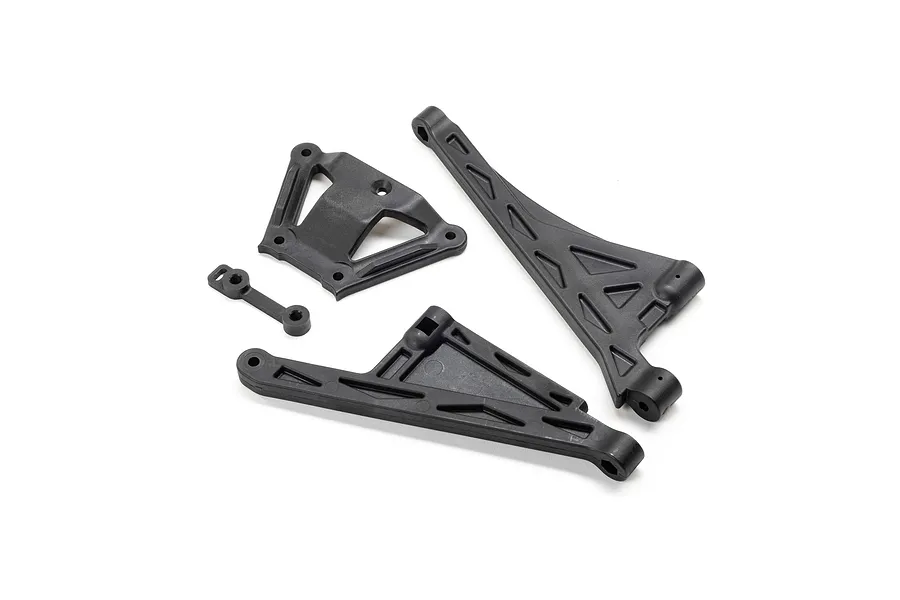 Losi front and rear chassis brace and spacer set molded in black plastic, shown on a clean white background.