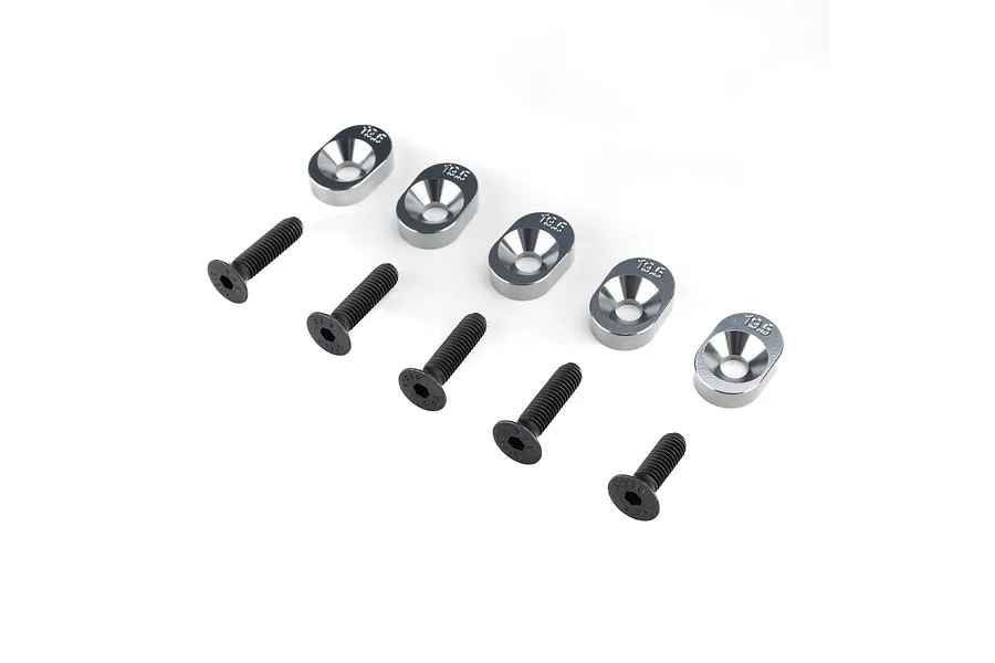 Losi engine mount insert set with five silver metal inserts and five black screws on a white background.