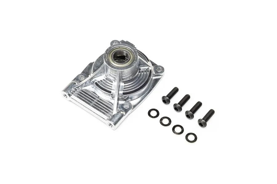 Losi aluminium clutch mount with pre-installed bearings, four washers, and four screws on white background.