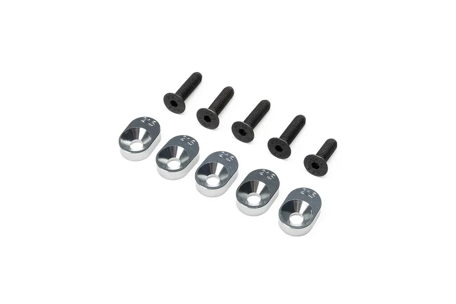Losi 21.5 engine mount insert set consisting of five silver metal inserts and five black screws on white background.