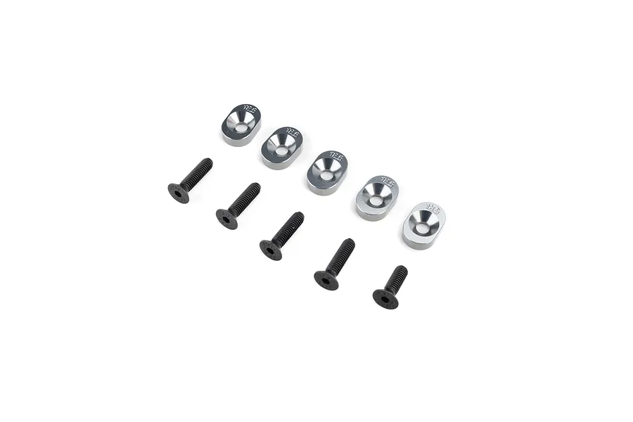 Losi 18.5/67 Engine Mount Insert Set consisting of five silver metal inserts and five black screws on a white background.