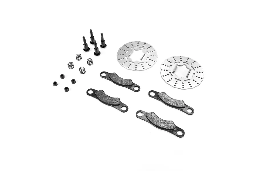 Losi brake disc pad set including metal brake discs, pads with friction material, springs, screws, and nuts on a white background.