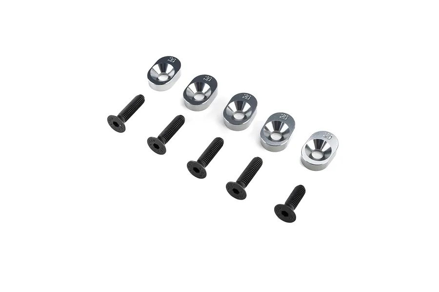 Losi 20/67 Engine Mount Insert Set containing five silver metal inserts marked 20 and five black socket head screws.