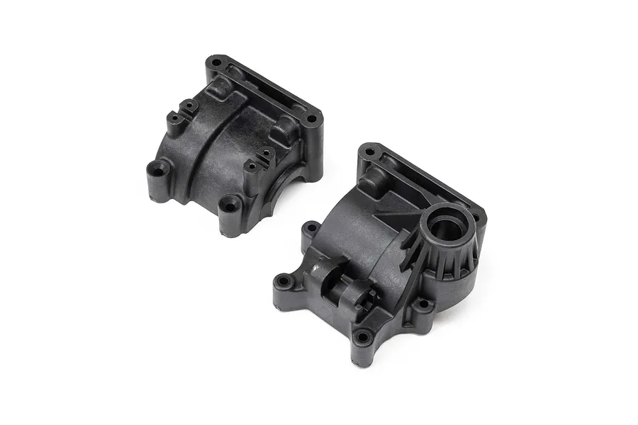 Losi black molded plastic rear transmission case halves viewed from above against a white background.
