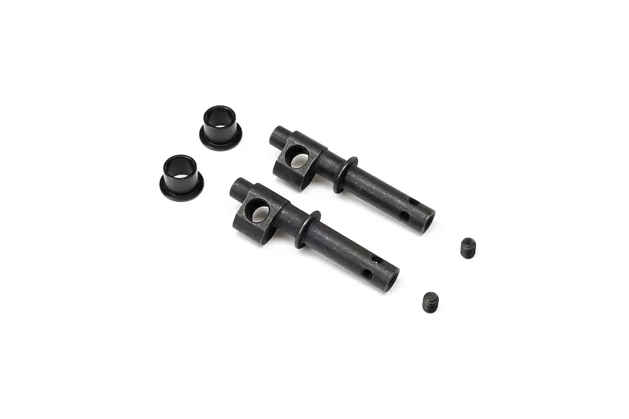 Losi Brake Cams and Bushings Set including two metal brake cams, two bushings, and two set screws on white background.