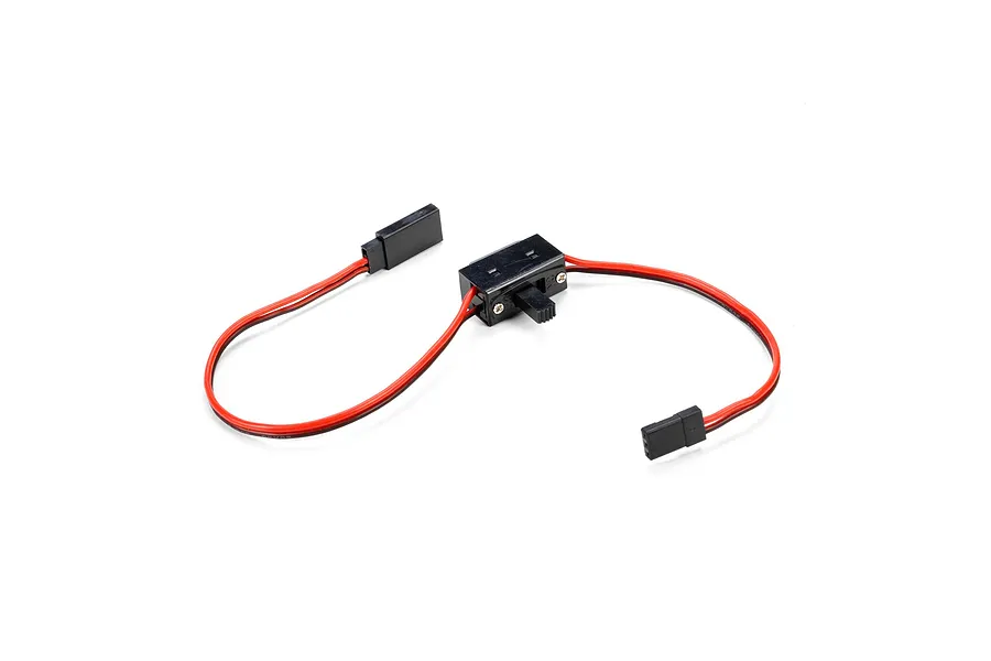 Losi 20AWG heavy duty RC receiver switch with red and black wiring and connectors on a white background.