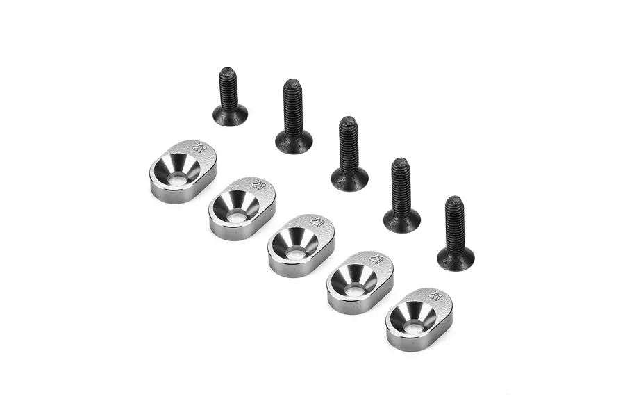Losi 21/67 engine mount insert set consisting of five metal inserts and five black screws on a white background.