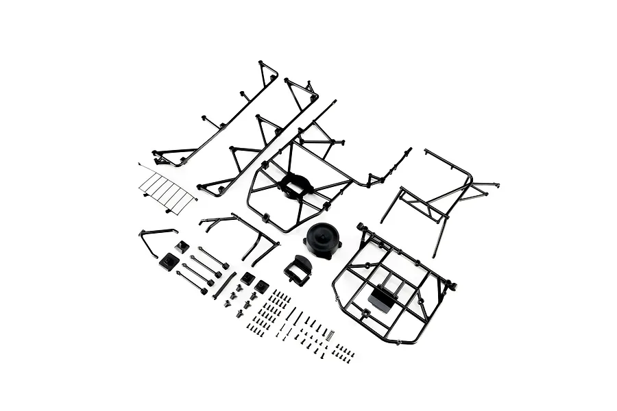 Losi black body cage set laid out flat on a white background, including roll cage sections, brackets, and hardware.
