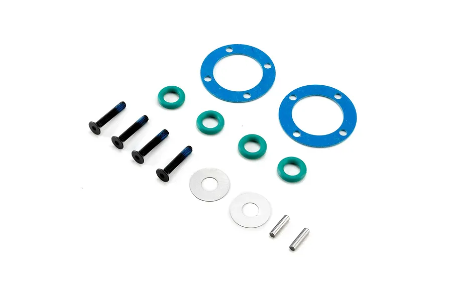 Losi gear diff rebuild set including blue gaskets, green o-rings, silver washers, screws, and pins on a white background.