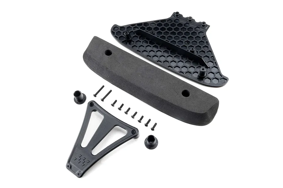 Losi Front Bumper Set including foam bumper, plastic mount brackets, bushes, and various screws on a white background.
