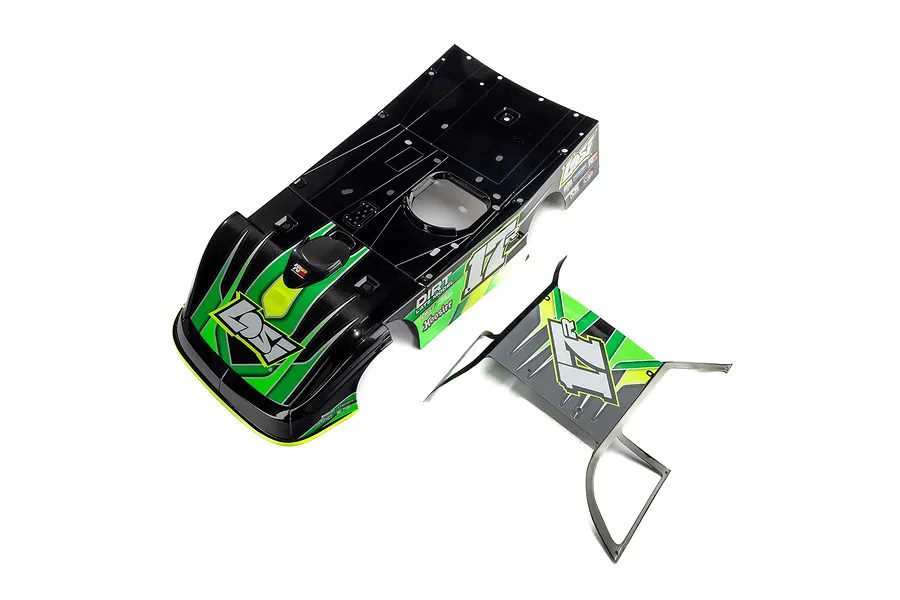 Losi 1/10 22S DLM painted body shell in black and green with racing decals on a white background.