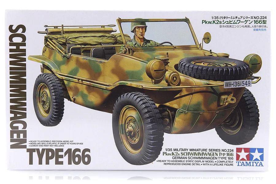 Tamiya 1/35 scale German Schwimmwagen Type 166 plastic model kit box art showing a camouflaged amphibious vehicle with a driver figure.