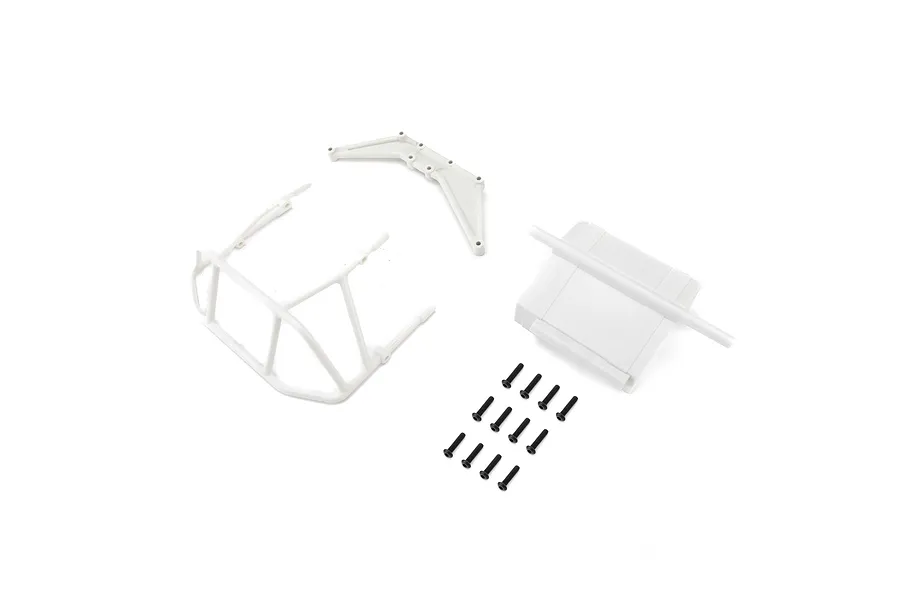 Losi white rear bumper set components and mounting hardware laid out on a plain white background.