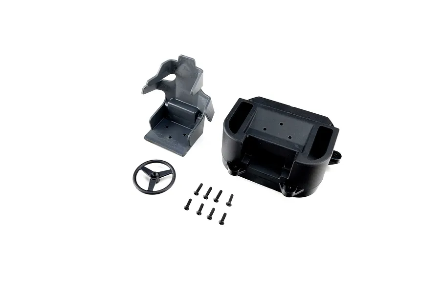 Losi black cab interior set including a seat, dashboard console, steering wheel, and mounting hardware.