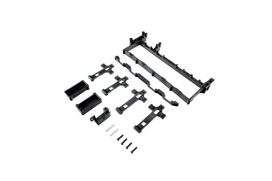 Losi battery tray and servo mount set components laid out on a white background, including molded plastic parts, pins, and screws.