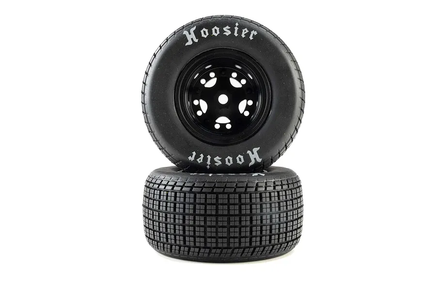 Two Losi 1/10 Hoosier soft compound RC tyres mounted on black rims against a white background.