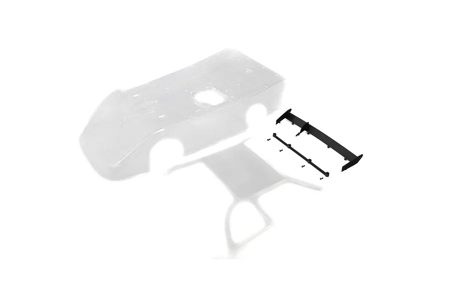 Losi 1/10 22S DLM clear unpainted body shell with separate roof piece, black wing, and hardware set on a white background.