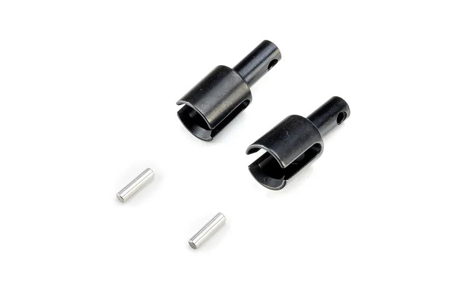 Losi differential outdrive set containing two black metal outdrive cups and two silver pins on a white background.