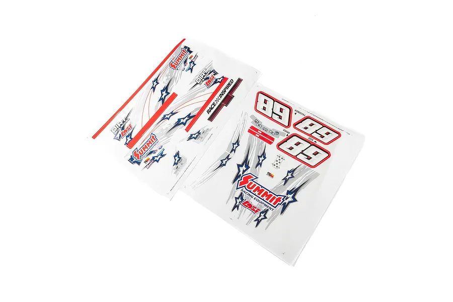 Losi Summit Racing decal graphics sheets featuring race numbers, star logos, and sponsor branding.