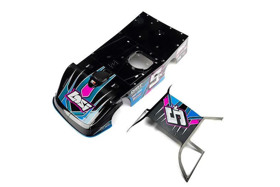 Losi 1/10 22S DLM painted body shell in black, blue, and pink with matching rear wing component on a white background.