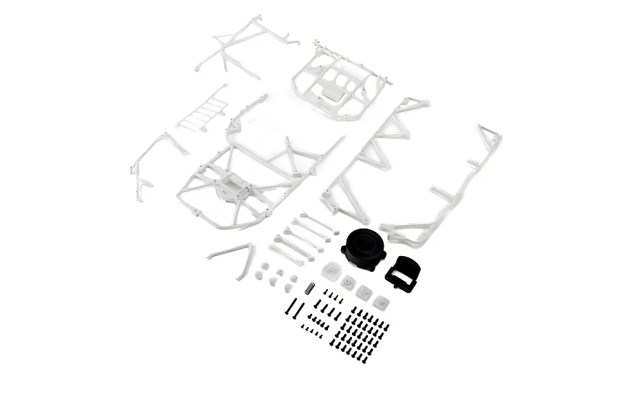 Losi white body cage set parts laid out on a white background including plastic frame components, screws, and hardware.
