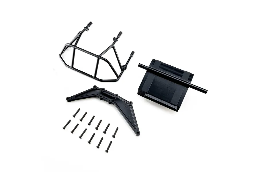 Losi rear bumper set in black featuring molded plastic parts, a roll cage component, mud flap piece, and mounting hardware.