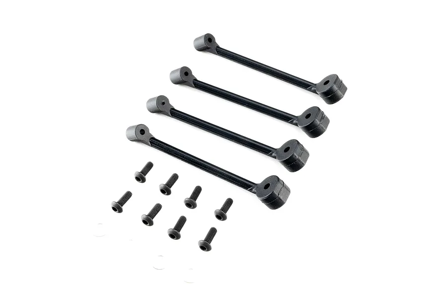 Losi black support strut set featuring four plastic support struts and eight mounting screws on a white background.