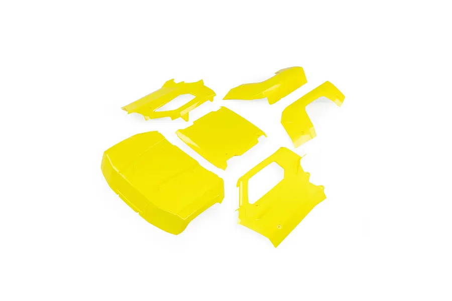 Losi complete roll cage panel set in flo yellow arranged on a white background.