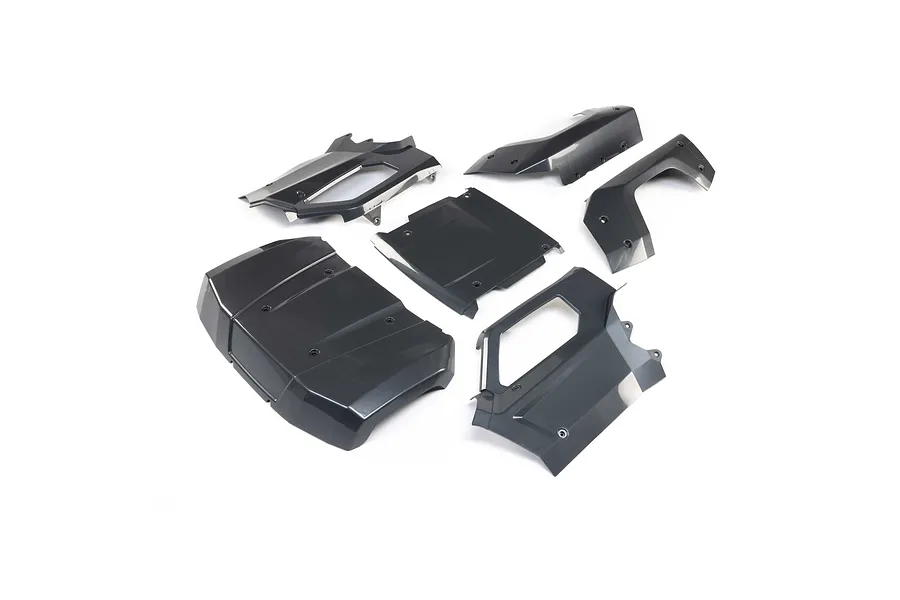 Losi Complete Roll Cage Panel Set in gunmetal grey, showing multiple molded plastic body and roof panels laid out on a white background.