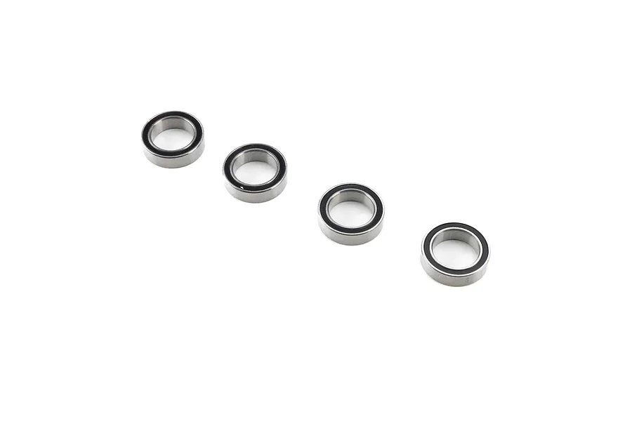 Four Losi rubber-shielded ball bearings arranged in a diagonal line on a clean white background.