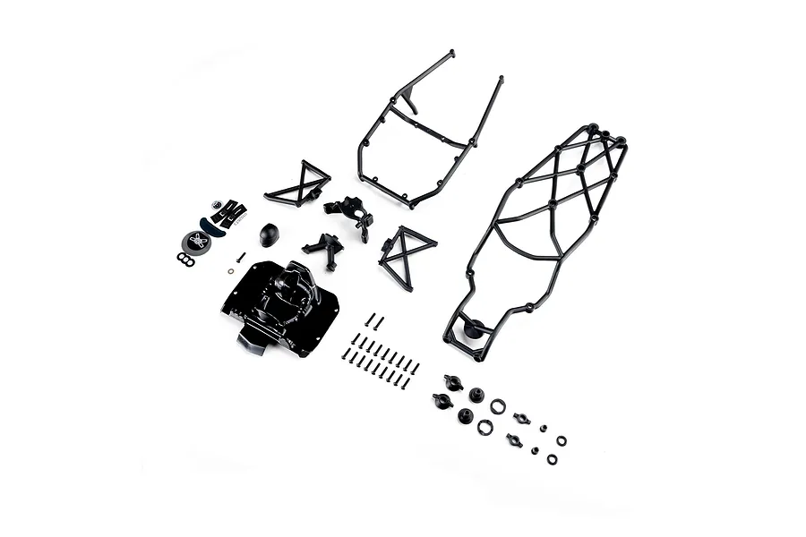 Losi complete roll cage set laid out on a white background, including cage pieces, interior components, screws, and hardware.