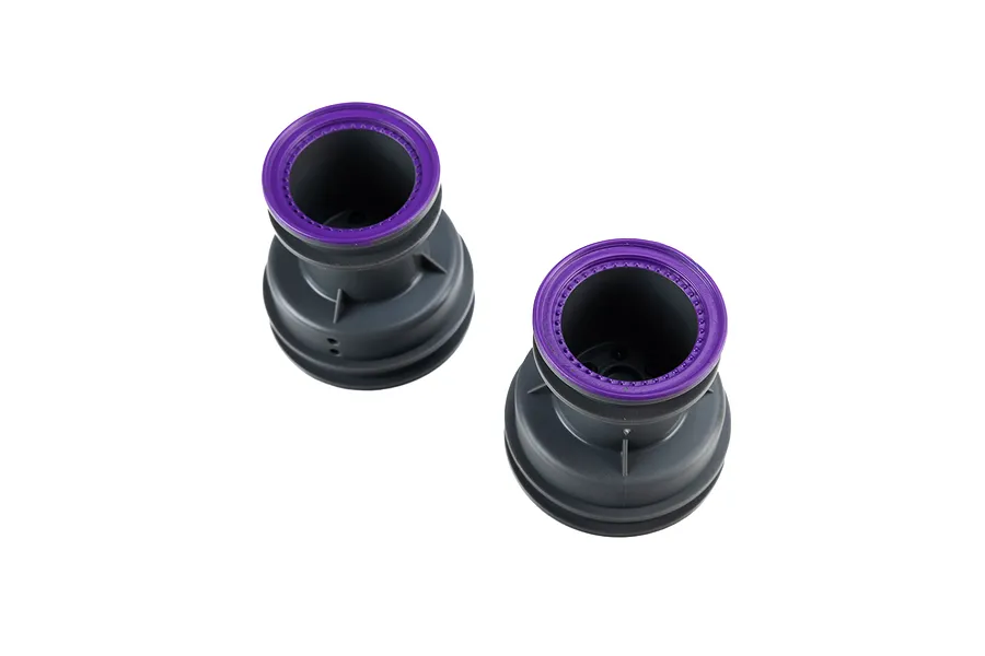 Two light grey RC monster truck rims with purple accent rings from Losi, shown against a plain white background.