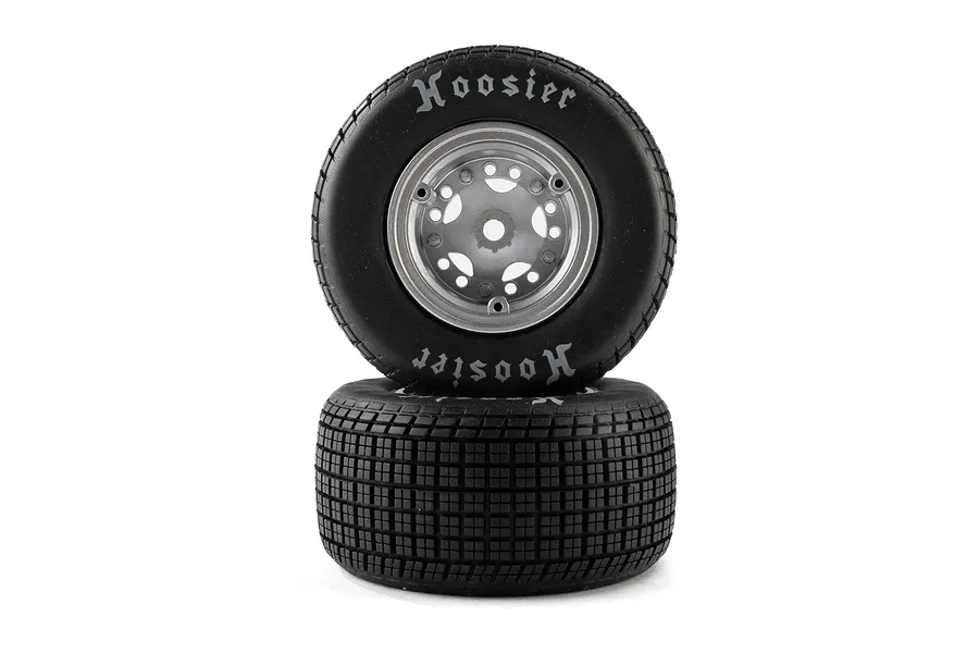 Two Losi 1/10 Hoosier soft compound RC tyres mounted on satin silver rims, stacked vertically against a white background.