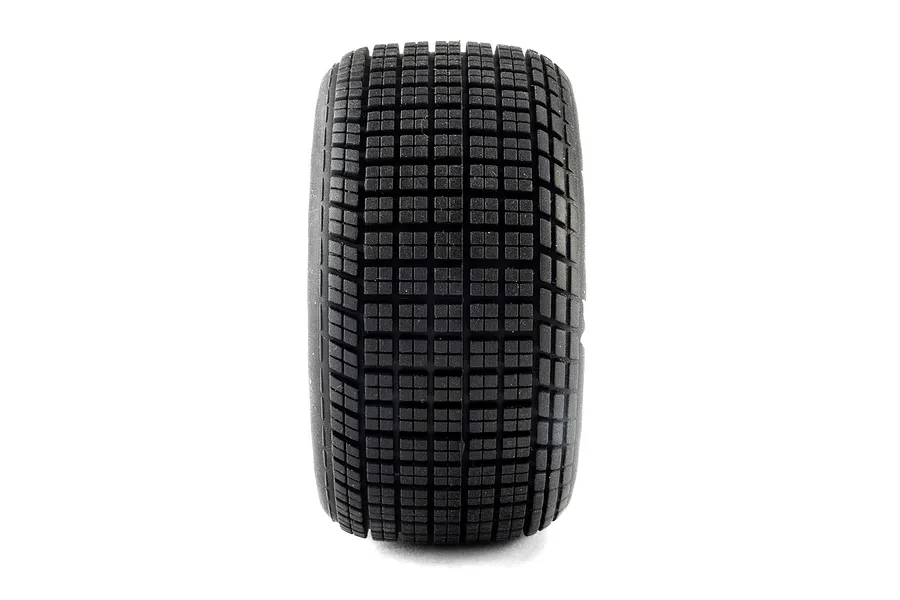 Front-on tread view of a black rubber RC car tyre showing the block tread pattern on a plain white background.