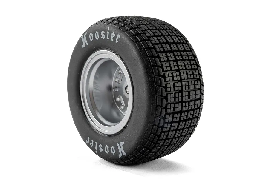 Single Losi 1/10 Hoosier soft compound RC tyre glued to a satin silver rim against a white background.