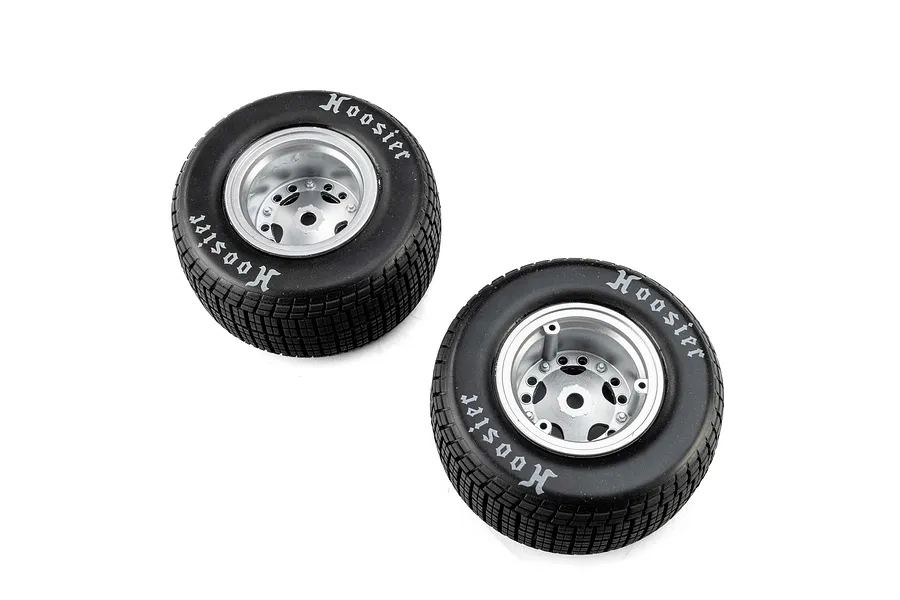 Two Losi 1/10 Hoosier medium compound RC tyres mounted on satin silver rims against a white background.