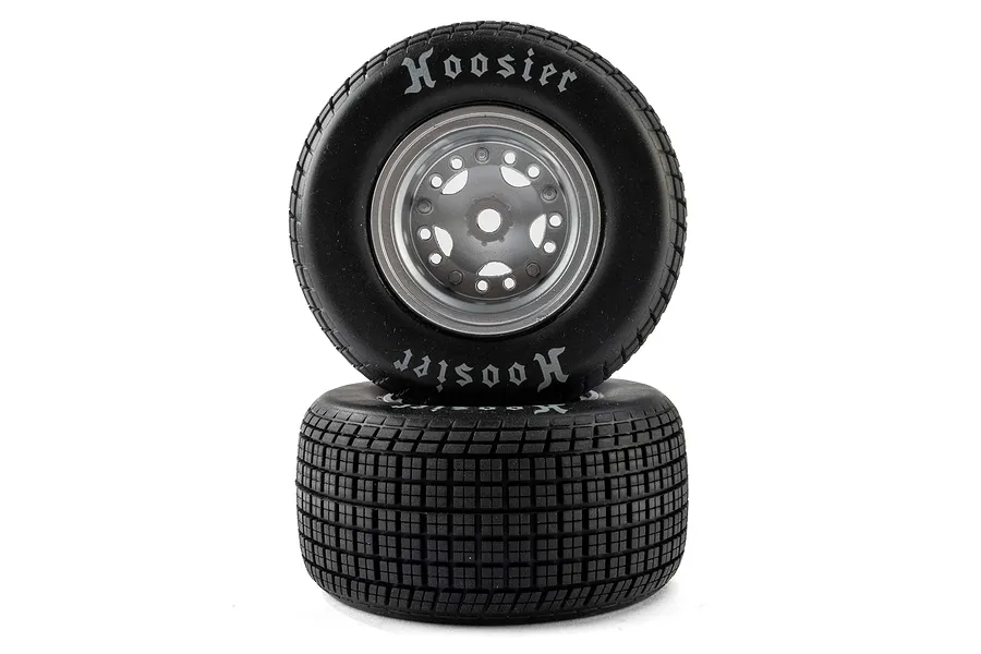 Losi 1/10 Hoosier medium compound tyres mounted on satin rims, shown as a pair of two glued RC wheels against a white background.