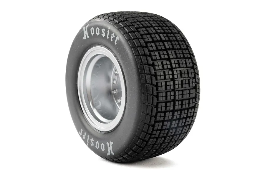 Single Losi 1/10 Hoosier medium compound tyre on a satin rim, viewed against a plain white background.
