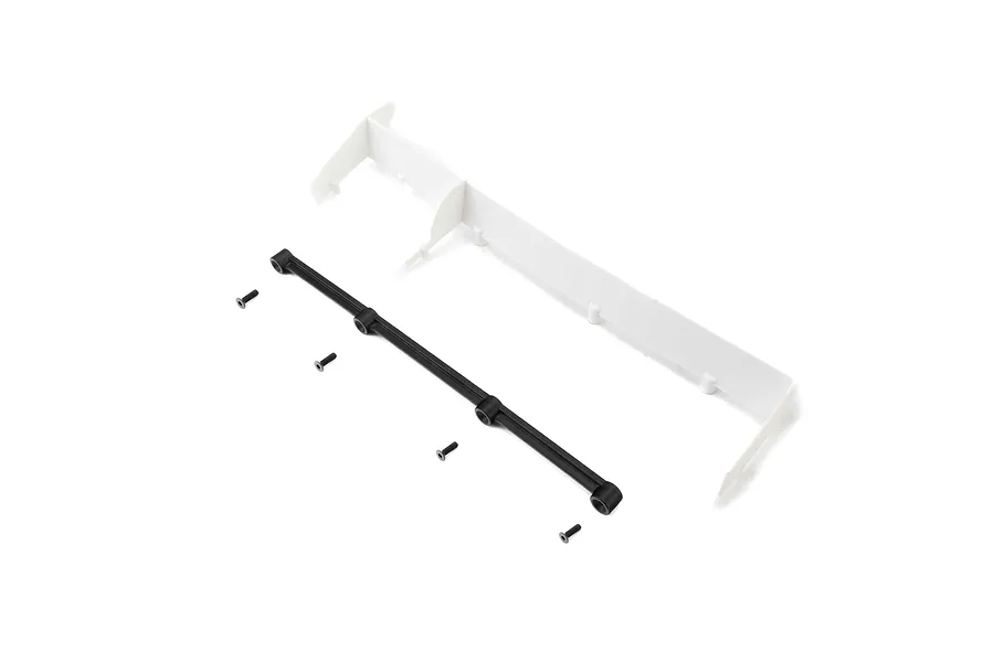 Losi rear spoiler set in white, including a black support bar and four mounting screws against a white background.