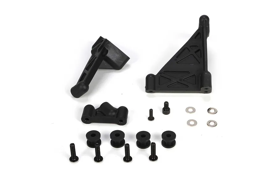 Losi gas tank mount set featuring black molded plastic brackets, grommets, metal screws, and washers.