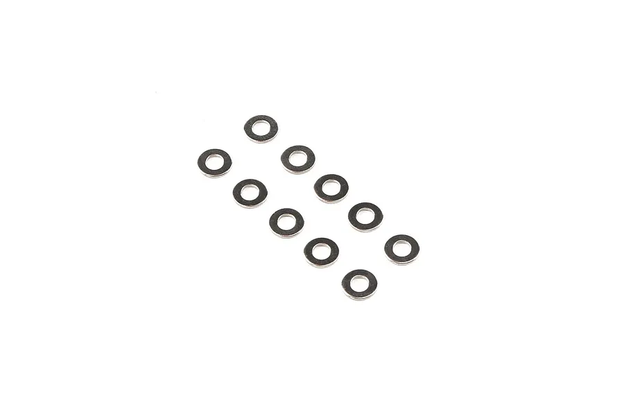 Ten small metal flat washers arranged in two parallel rows against a plain white background.