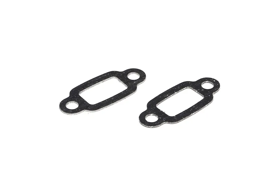 Two black exhaust gaskets with silver foil layers laid out flat on a clean white background.