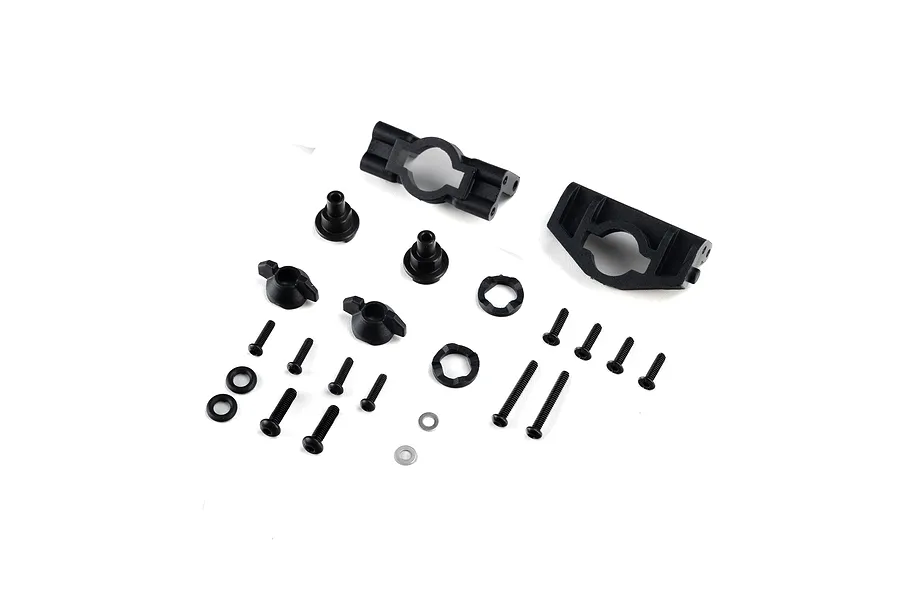 Losi twist lock body mount set components laid out on a white background, including plastic mounts, screws, and washers.
