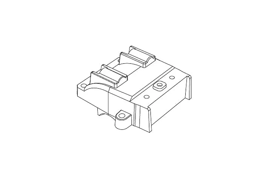Line drawing diagram of an MJX RC rear bulkhead spare part showing mounting tabs and structural contours.