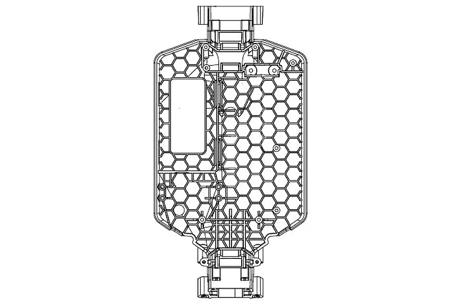 Black and white line art diagram showing top-down view of an MJX RC chassis featuring an internal honeycomb reinforcement structure.