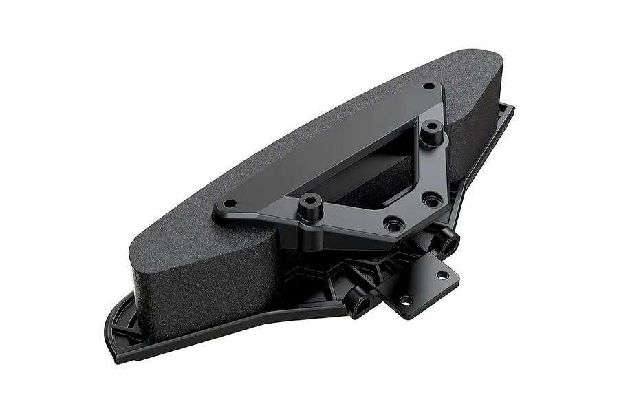 Studio product shot of an MJX RC black plastic and foam front bumper spare part against a white background.