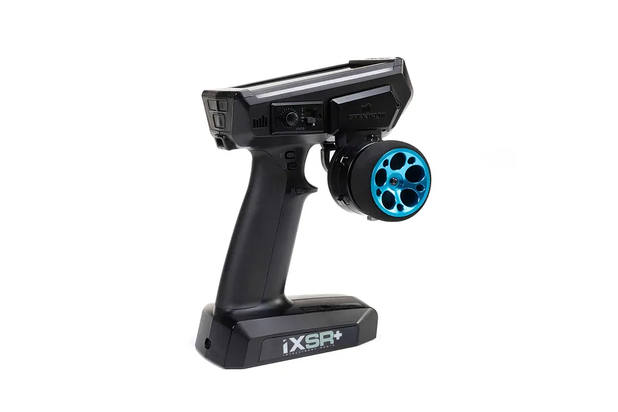 Spektrum Wide Aluminium Wheel installed on a black Spektrum IXSR+ radio transmitter against a white background.